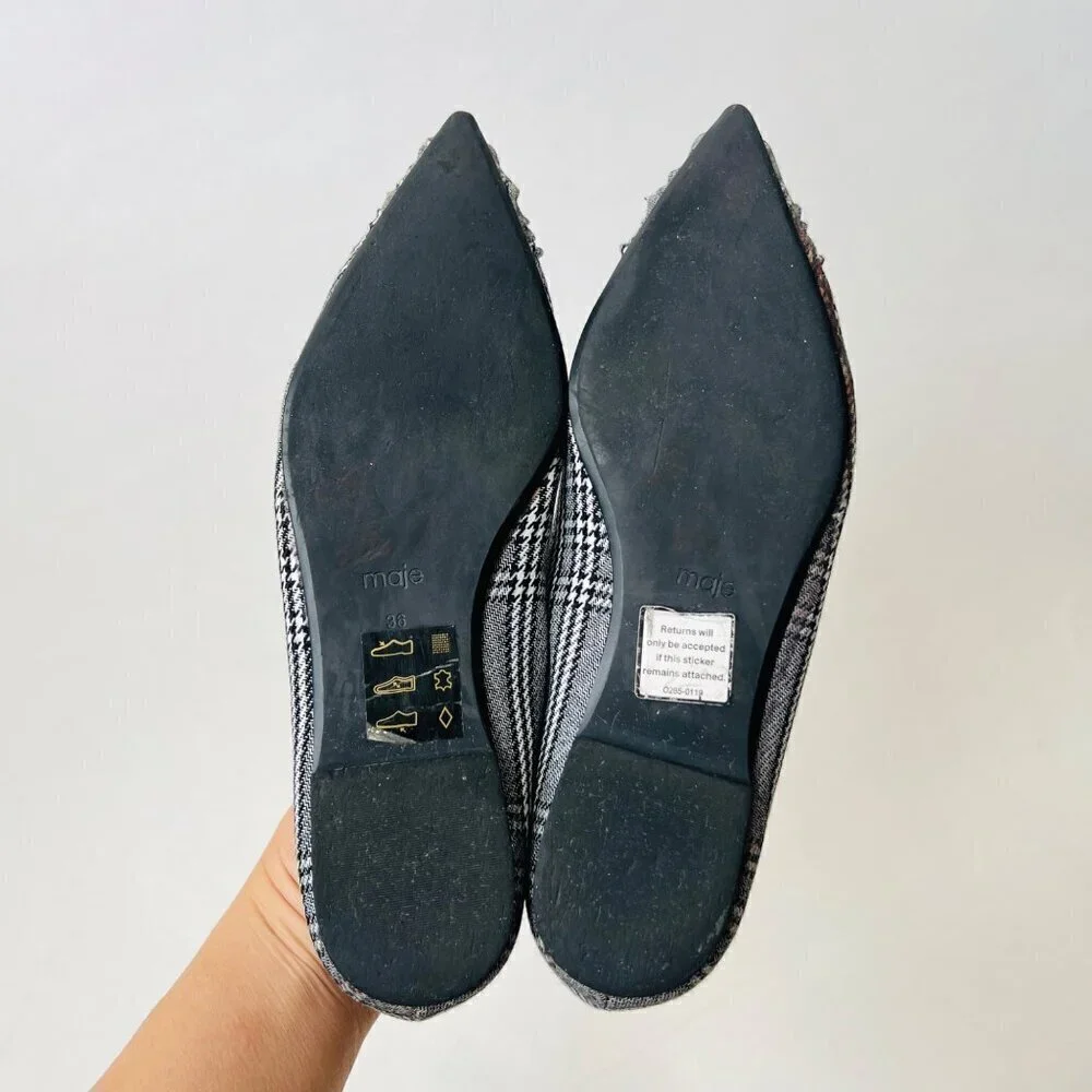 Maje plaid fabric poured toes flats , black, Size 36